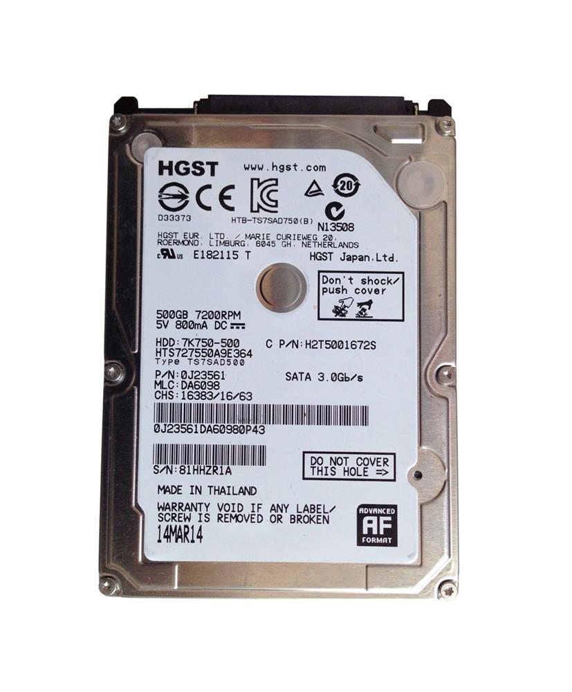 0J23561 HGST Hitachi Travelstar 7K750 500GB 7200RPM SATA 3Gbps 16MB Cache (512e) 2.5-inch Internal Hard Drive