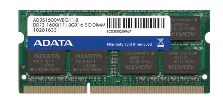 AD3S1600W8G11-B ADATA 8GB PC3-12800 DDR3-1600MHz non-ECC Unbuffered CL11 204-Pin SoDimm Dual Rank Memory Module