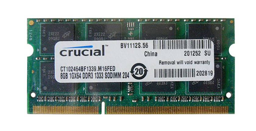 CT102464BF1339-A1 Crucial 8GB PC3-10600 DDR3-1333MHz non-ECC Unbuffered CL9 204-Pin SoDimm 1.35V Low Voltage Dual Rank Memory Module