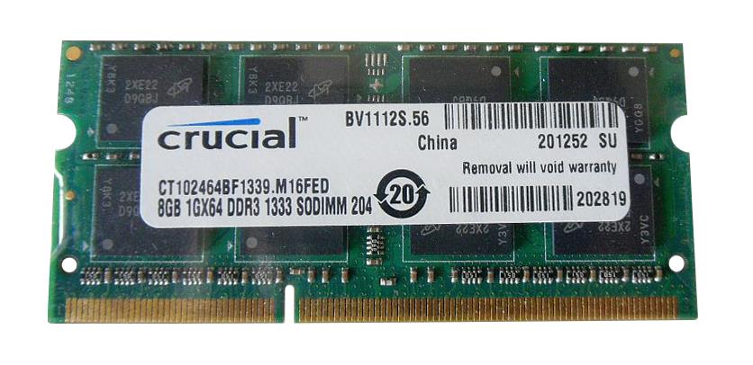 CT102464BF1339.M16FED Crucial 8GB PC3-10600 DDR3-1333MHz non-ECC Unbuffered CL9 204-Pin SoDimm 1.35V Low Voltage Dual Rank Memory Module