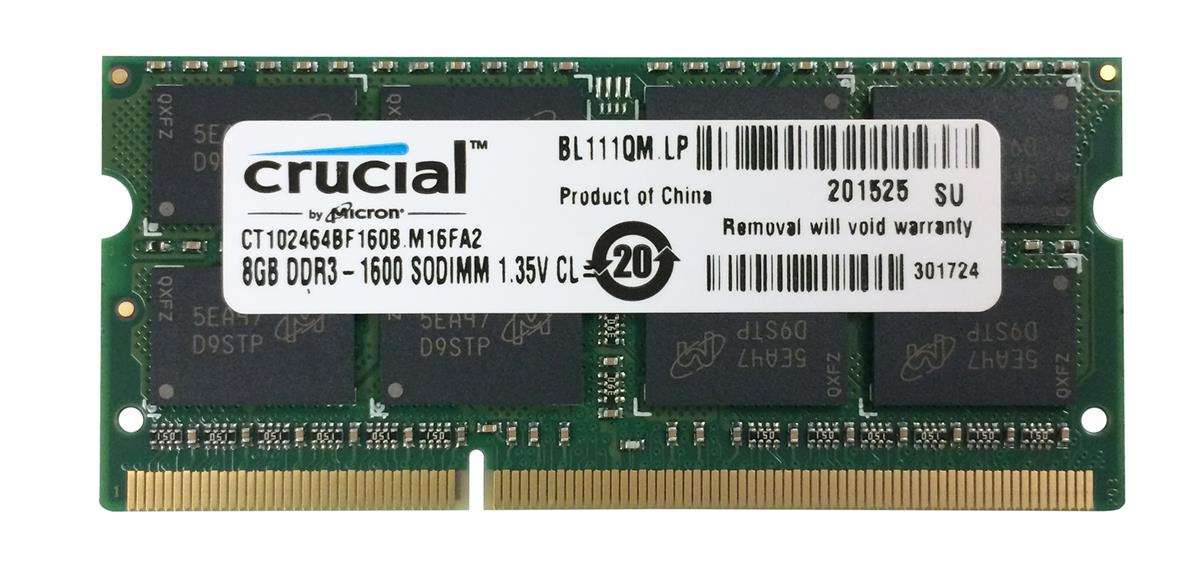 CT102464BF160B.M16FA2 Crucial 8GB PC3-12800 DDR3-1600MHz non-ECC Unbuffered CL11 204-Pin SoDimm 1.35V Low Voltage Memory Module