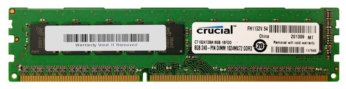 CT102472BA160B.18FDD Crucial 8GB PC3-12800 DDR3-1600MHz ECC Unbuffered CL11 240-Pin DIMM Dual Rank Memory Module