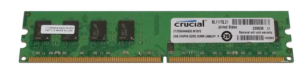 CT25664AA800.M16FE Crucial 2GB PC2-6400 DDR2-800MHz non-ECC Unbuffered CL6 240-Pin DIMM Dual Rank Memory Module