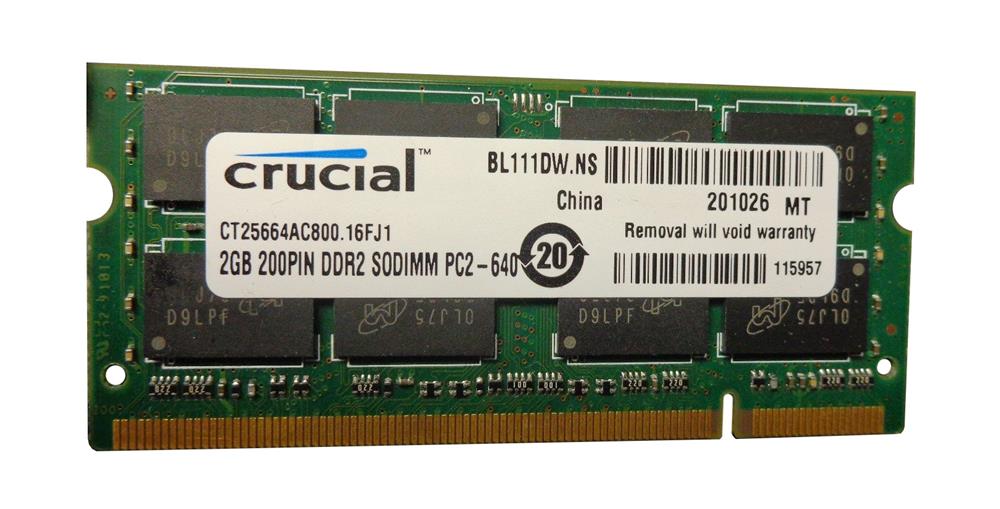 CT25664AC800.16FJ1 Crucial 2GB PC2-6400 DDR2-800MHz non-ECC Unbuffered CL6 200-Pin SoDimm Memory Module