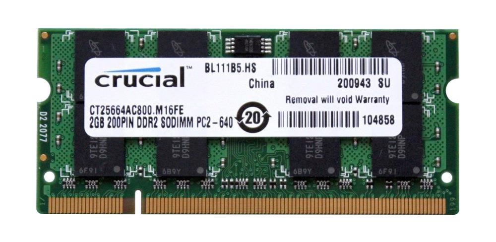 CT25664AC800.M16FE Crucial 2GB PC2-6400 DDR2-800MHz non-ECC Unbuffered CL6 200-Pin SoDimm Memory Module