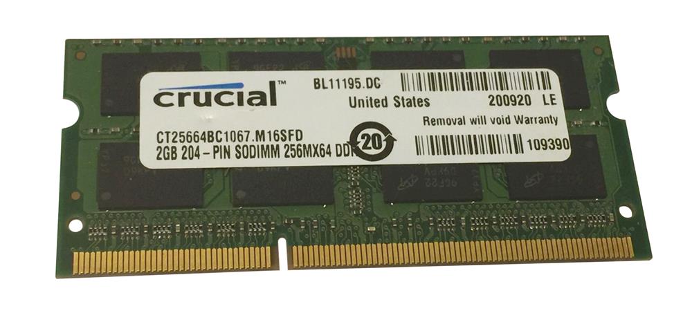 CT25664BC1067.M16SFD Crucial 2GB PC3-8500 DDR3-1066MHz non-ECC Unbuffered CL7 204-Pin SoDimm Dual Rank Memory Module