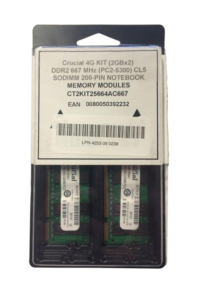 CT2KIT25664AC667 Crucial 4GB Kit (2 X 2GB) PC2-5300 DDR2-667MHz non-ECC Unbuffered CL5 200-Pin SoDimm Memory