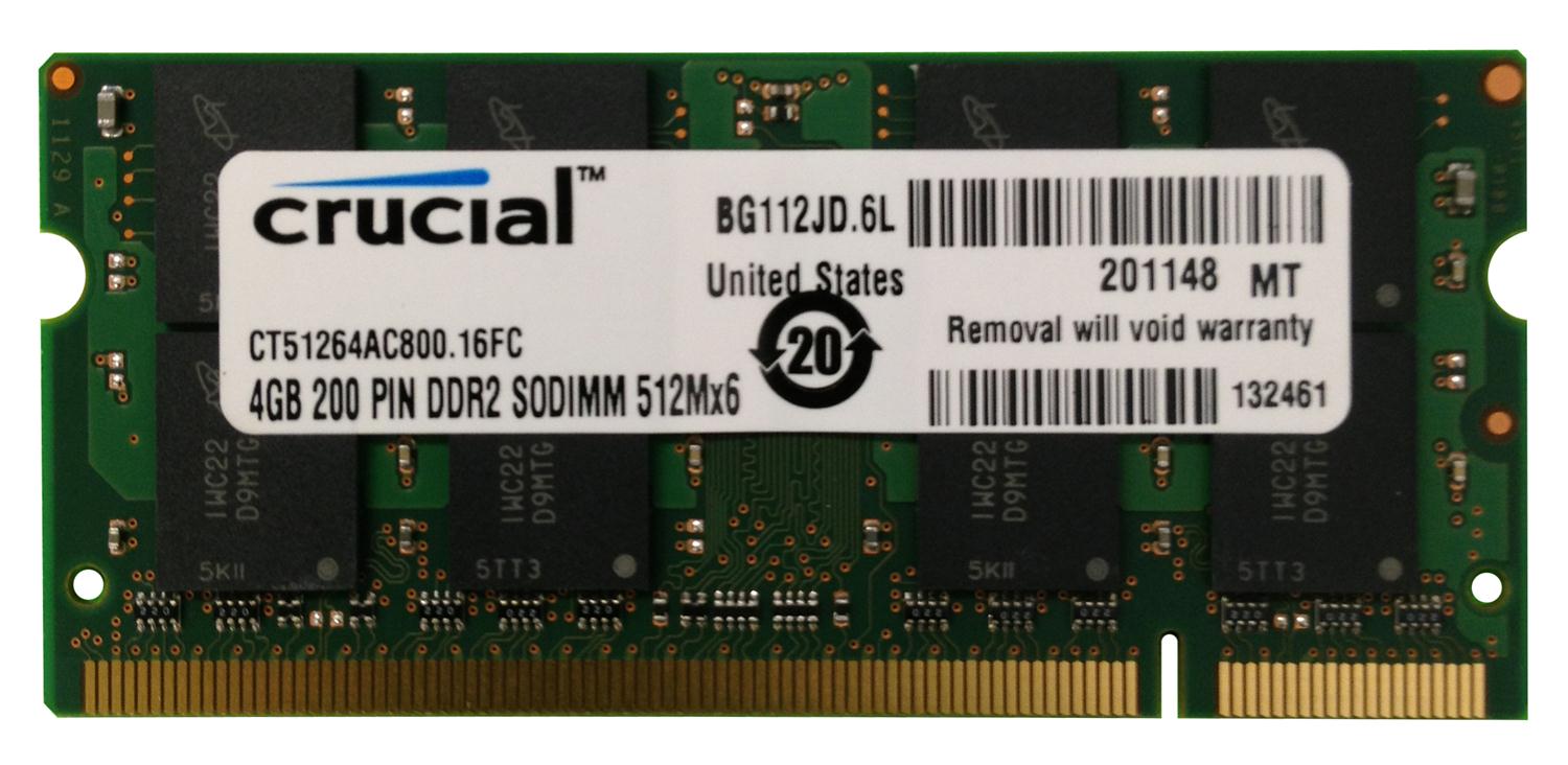 CT51264AC800.16FC Crucial 4GB PC2-6400 DDR2-800MHz non-ECC Unbuffered CL6 200-Pin SoDimm Dual Rank Memory Module