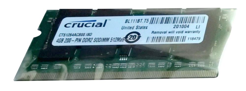 CT51264AC800.I8D Crucial 4GB PC2-6400 DDR2-800MHz non-ECC Unbuffered CL6 200-Pin SoDimm Dual Rank Memory Module