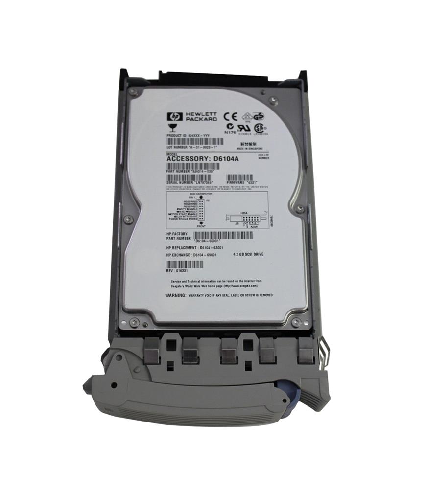 D6104A HP 4.3GB 7200RPM Ultra2 Wide SCSI 80-Pin LVD Hot Swap 3.5-inch Internal Hard Drive with Tray