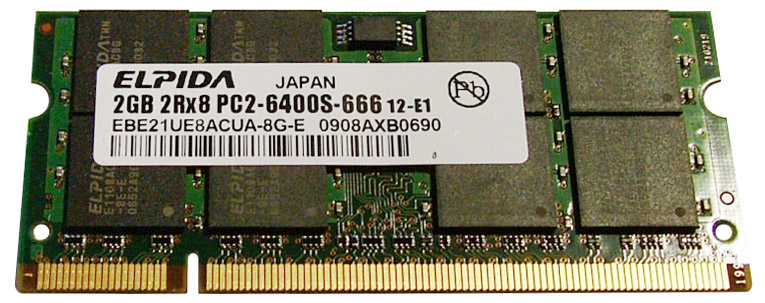 EBE21UE8ACUA-8G-E Elpida 2GB PC2-6400 DDR2-800MHz non-ECC Unbuffered CL6 200-Pin SoDimm Dual Rank Memory Module