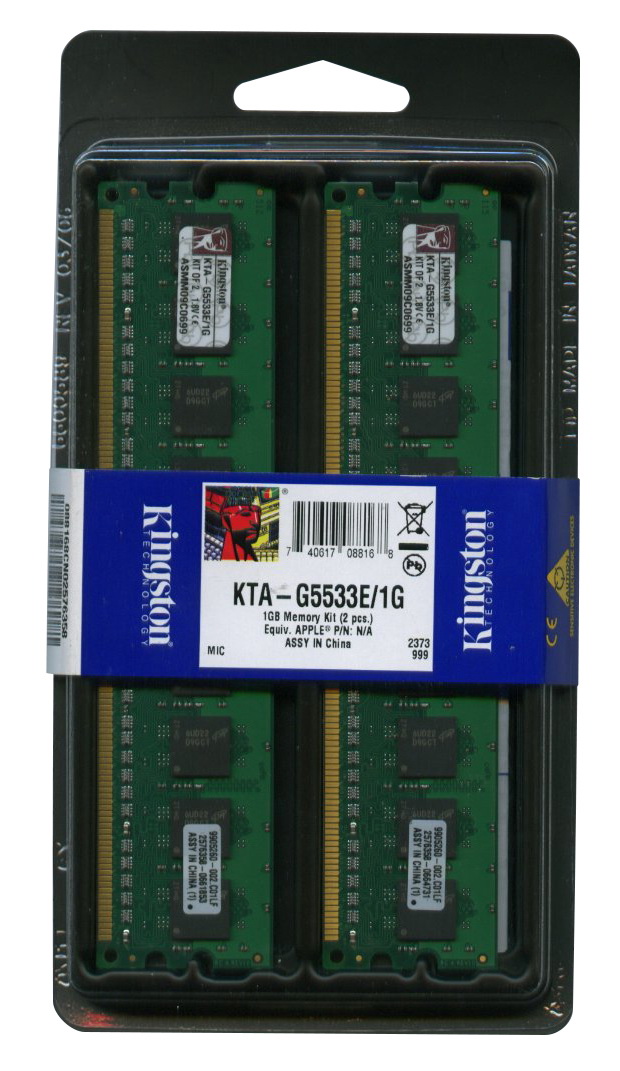KTA-G5533E/1G Kingston 1GB Kit (2 X 512MB) PC2-4200 DDR2-533MHz ECC Unbuffered CL4 240-Pin DIMM Memory For Apple