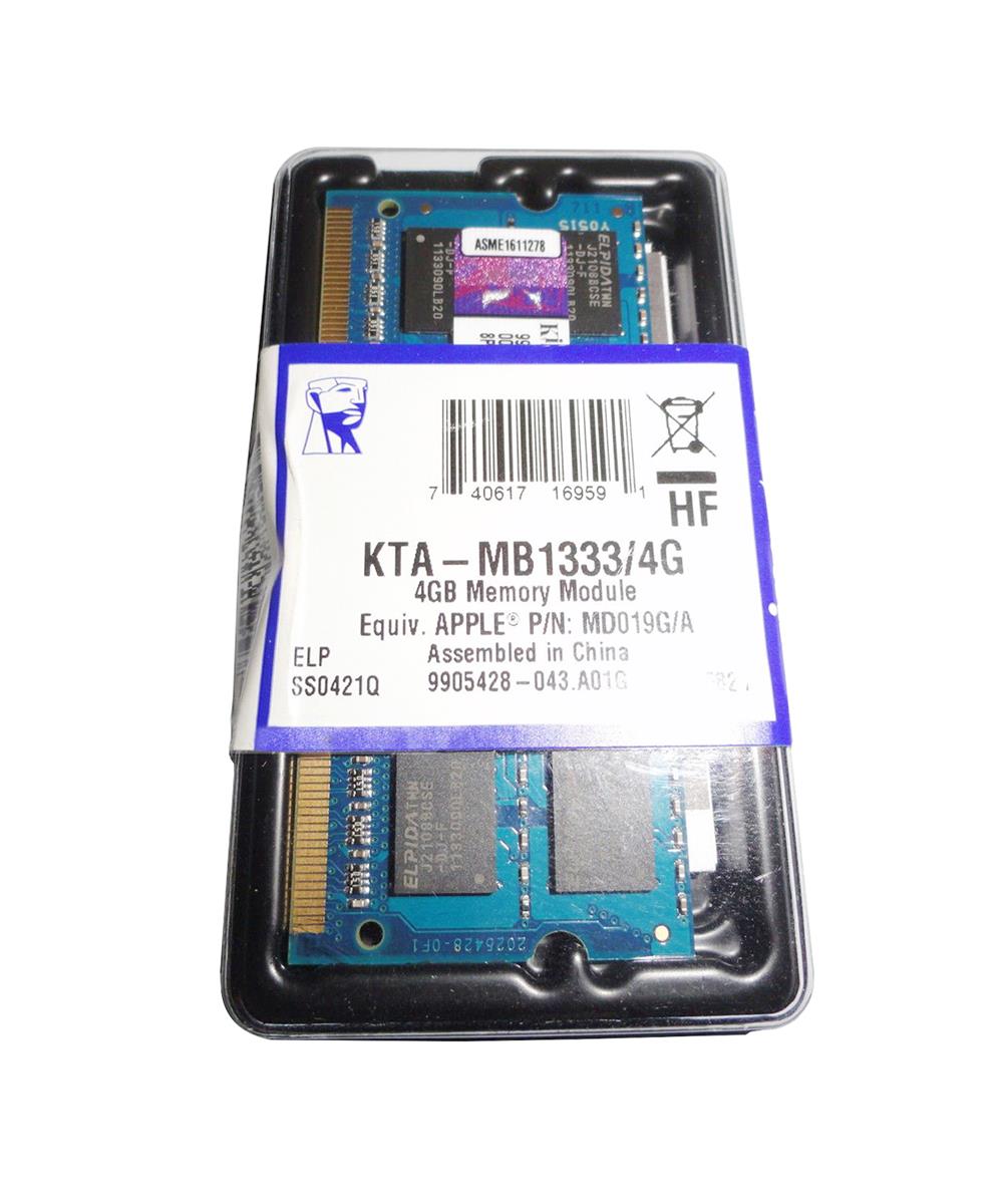KTA-MB1333/4G Kingston 4GB PC3-10600 DDR3-1333MHz non-ECC Unbuffered CL9 204-Pin SoDimm Dual Rank Memory Module for Apple
