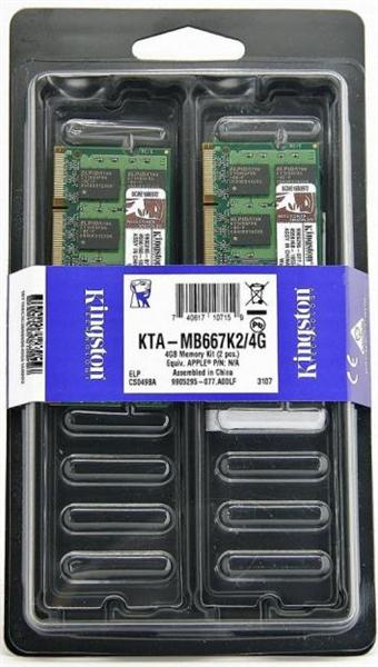 KTA-MB667K2/4G Kingston 4GB Kit (2 X 2GB) PC2-5300 DDR2-667MHz non-ECC Unbuffered CL5 200-Pin SoDimm Memory