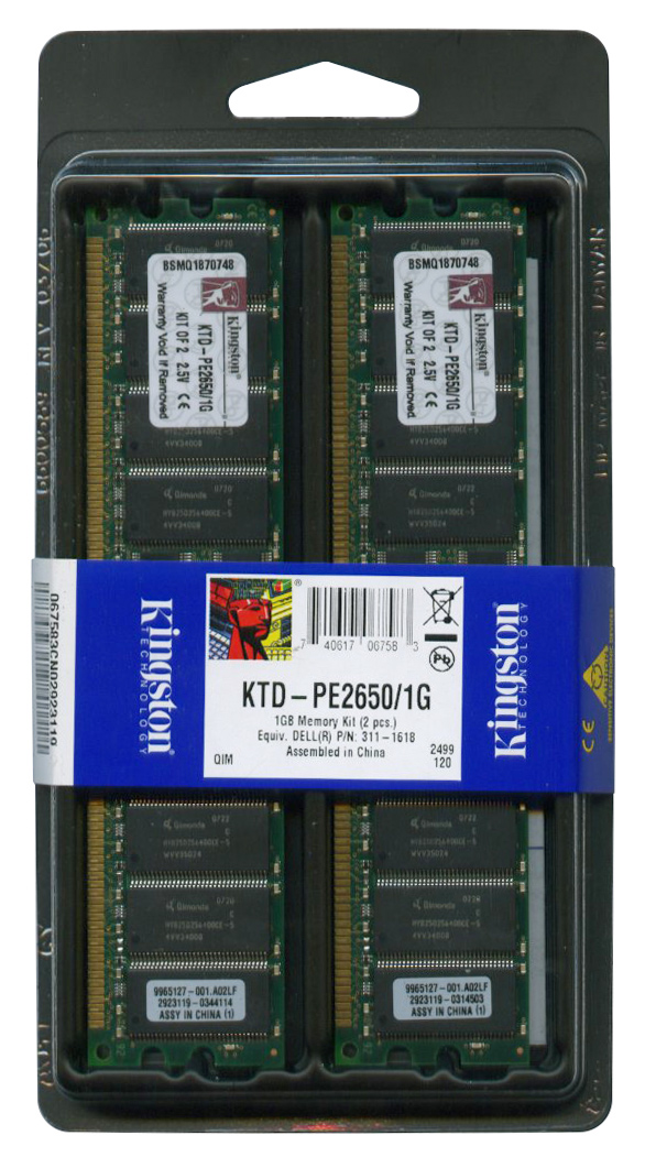 KTD-PE2650/1G Kingston 1GB Kit (2 X 512MB) PC2100 DDR-266MHz Registered ECC CL2.5 184-Pin DIMM 2.5V Memory for Dell Server 311-1618