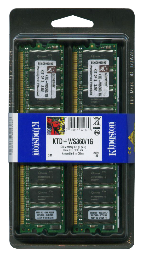 KTD-WS360/1G Kingston 1GB Kit (2 X 512MB) PC2700 DDR-333MHz ECC Unbuffered CL2.5 184-Pin DIMM Memory for Dell