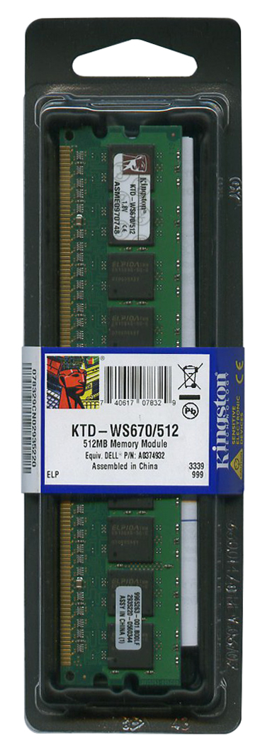 KTD-WS670/512 Kingston 512MB PC2-3200 DDR2-400MHz ECC Registered CL3 240-Pin DIMM Single Rank Memory Module for Dell PowerEdge A0374932, A0380697, A0395461, A0396703, A0396707, A0422902, A0428479, A0466928, A0466929