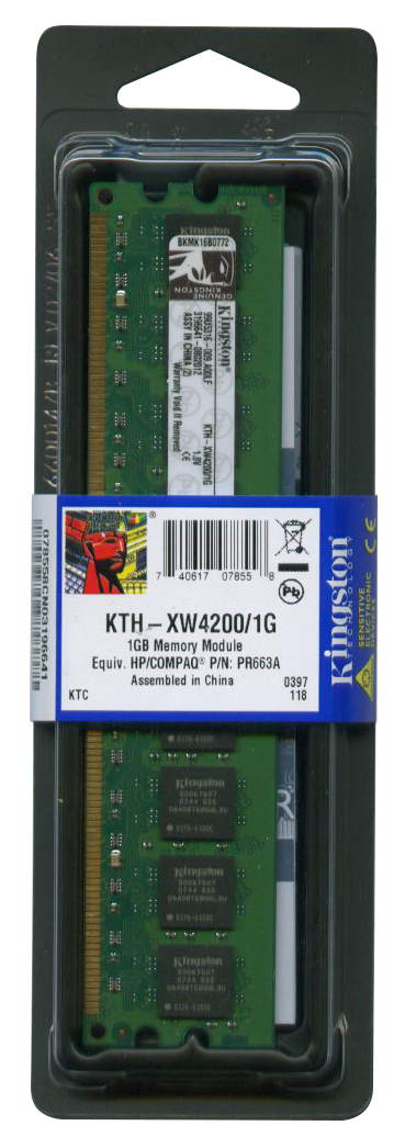 KTH-XW4200/1G Kingston 1GB PC2-3200 DDR2-400MHz non-ECC Unbuffered CL3 240-Pin DIMM Memory Module for HP/Compaq PR663A