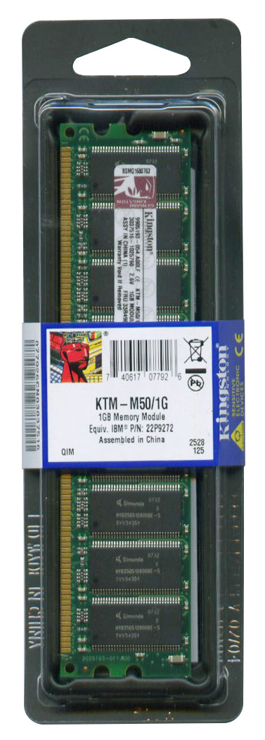 KTM-M50/1G Kingston 1GB PC3200 DDR-400MHz non-ECC Unbuffered CL3 184-Pin DIMM Memory Module 22P9272, 22P9274, FRU 33R4963