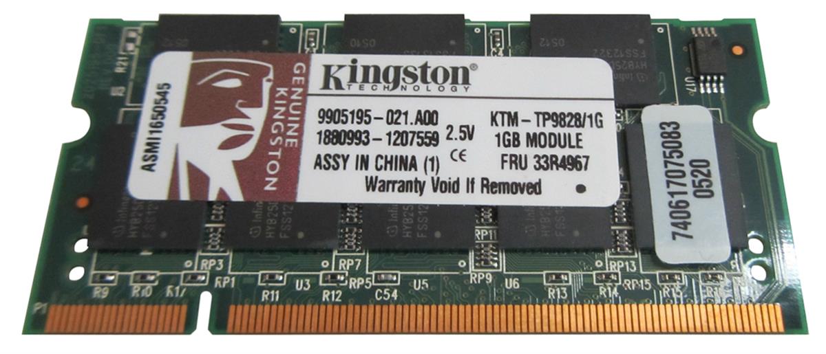 KTM-TP9828/1G Kingston 1GB PC2700 DDR-333MHz non-ECC Unbuffered CL2.5 200-Pin SoDimm Memory Module for Lenovo 31P9834, 31P9835, FRU 33R4967