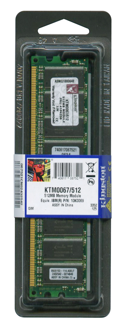 KTM0067/512 Kingston 512MB PC2100 DDR-266MHz ECC Unbuffered CL2.5 184-Pin DIMM Memory Module for IBM 10K0069; 10K0070; FRU 41P4236