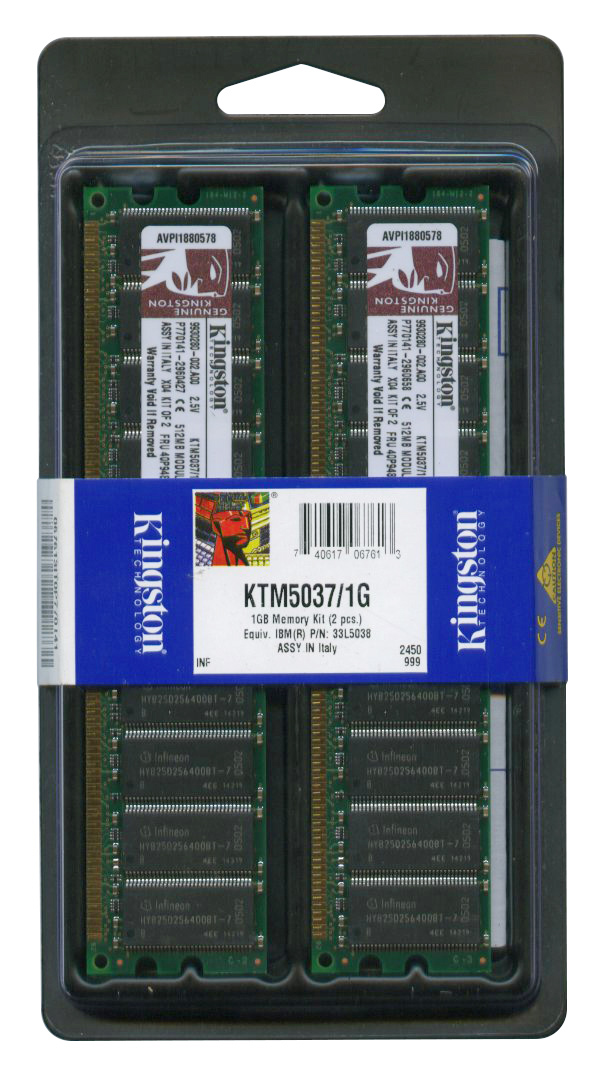 KTM5037/1G Kingston 1GB Kit (2 X 512MB) PC2100 DDR-266MHz Registered ECC CL2.5 184-Pin DIMM 2.5V Memory for IBM