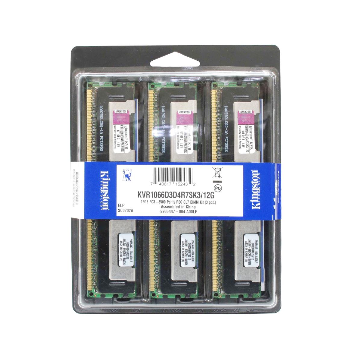 KVR1066D3D4R7SK3/12G Kingston 12GB Kit (3 X 4GB) PC3-8500 DDR3-1066MHz ECC Registered CL7 240-Pin DIMM Dual Rank x4 Memory (Kit of 3) with Thermal Sensor