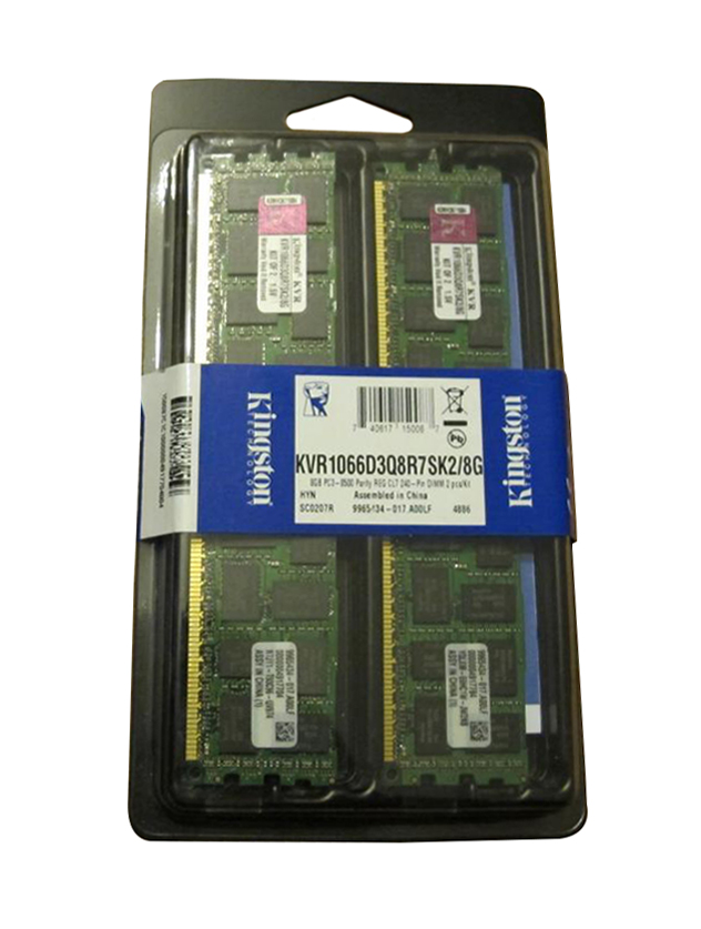 KVR1066D3Q8R7SK2/8G Kingston 8GB Kit (2 X 4GB) PC3-8500 DDR3-1066MHz ECC Registered CL7 240-Pin DIMM Quad Rank x8 Memory w/Thermal Sensor