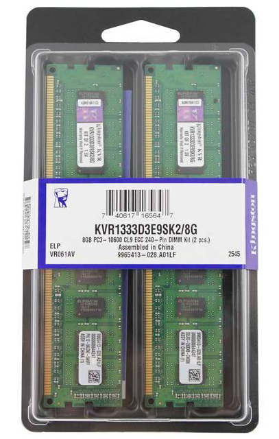 KVR1333D3E9SK2/8G Kingston 8GB Kit (2 X 4GB) PC3-10600 DDR3-1333MHz ECC Unbuffered CL9 240-Pin DIMM Dual Rank Memory w/Thermal Sensor