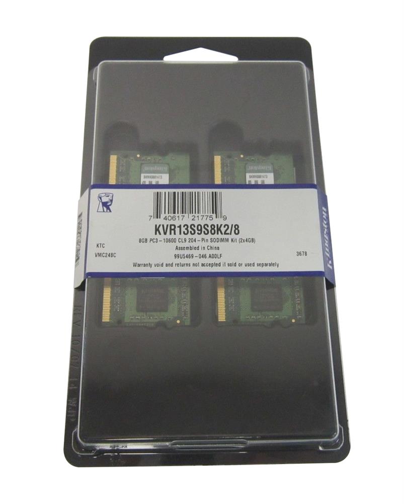 KVR13S9S8K2/8 Kingston 8GB Kit (2 X 4GB) PC3-10600 DDR3-1333MHz non-ECC Unbuffered CL9 204-Pin SoDimm Single Rank x8 Memory