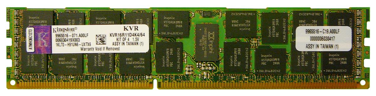 KVR16R11D4K4/64 Kingston 64GB Kit (4 X 16GB) PC3-12800 DDR3-1600MHz ECC Registered CL11 240-Pin DIMM Dual Rank x4 Memory