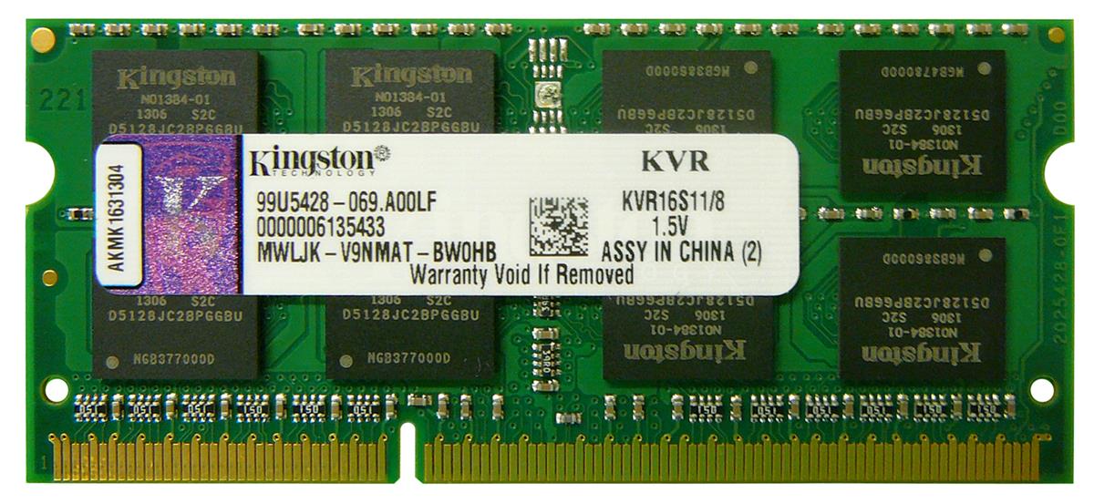 KVR16S11/8 Kingston 8GB PC3-12800 DDR3-1600MHz non-ECC Unbuffered CL11 204-Pin SoDIMM Dual Rank Memory Module