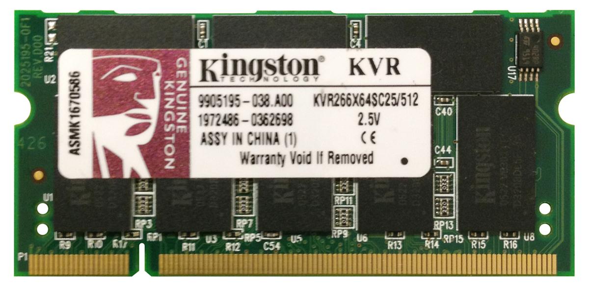 KVR266X64SC25/512 Kingston 512MB PC2100 DDR-266MHz non-ECC Unbuffered CL2.5 200-Pin SoDimm Memory Module
