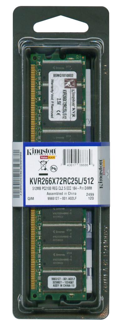 KVR266X72RC25L/512 Kingston 512MB PC2100 DDR-266MHz Registered ECC CL2.5 184-Pin DIMM 2.5V Single Rank Memory Module