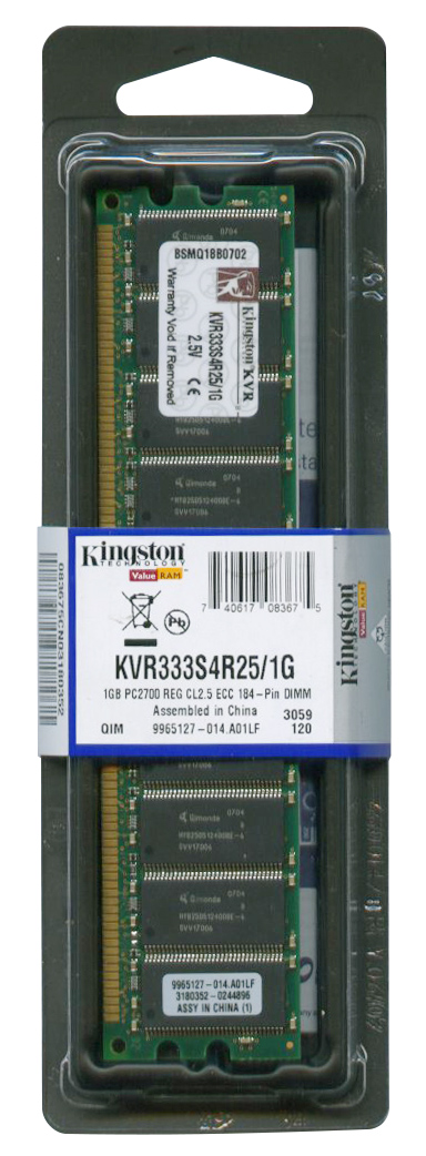 KVR333S4R25/1G Kingston 1GB DDR PC2700 DDR-333MHz Registered ECC CL2.5 184-Pin DIMM 2.5V Single Rank x4 Memory Module