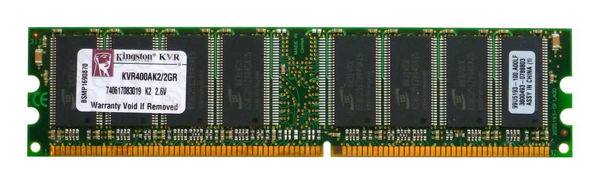 KVR400AK2/2GR Kingston 2GB Kit (2 X 1GB) PC3200 DDR-400MHz non-ECC Unbuffered CL3 184-Pin DIMM Memory
