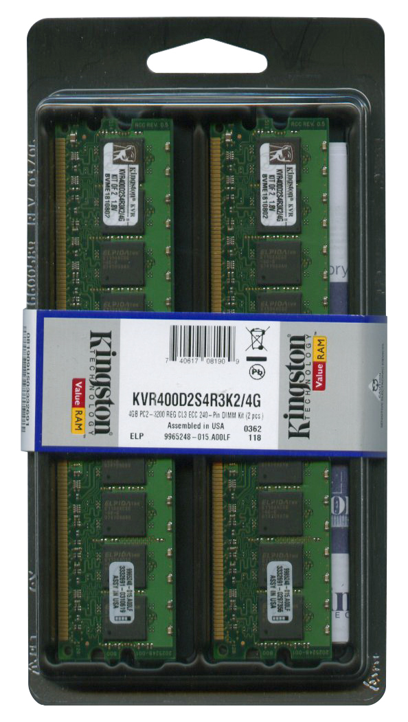 KVR400D2S4R3K2/4G Kingston 4GB Kit (2 X 2GB) PC2-3200 DDR2-400MHz ECC Registered CL3 240-Pin DIMM Single Rank x4 Memory