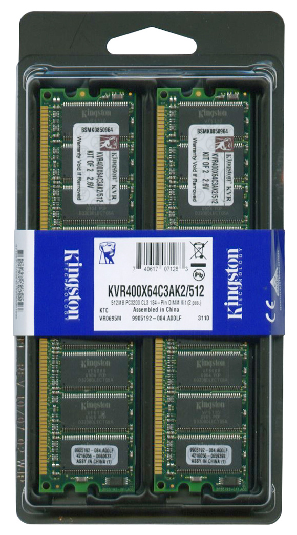 KVR400X64C3AK2/512 Kingston 512MB Kit (2 X 256MB) PC3200 DDR-400MHz non-ECC Unbuffered CL3 184-Pin DIMM Memory