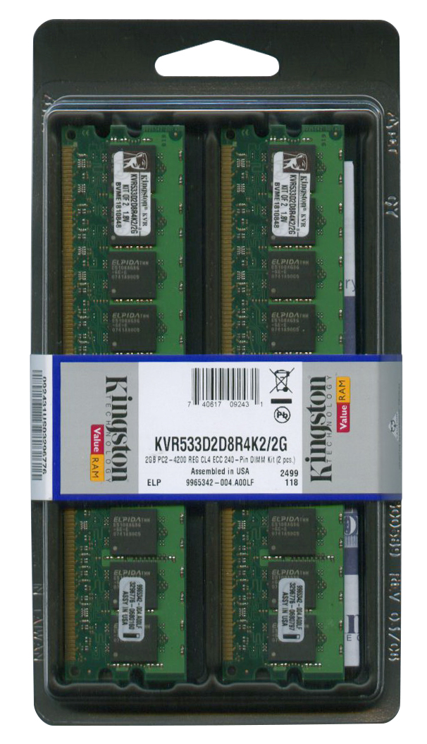 KVR533D2D8R4K2/2G Kingston 2GB Kit (2 X 1GB) PC2-4200 DDR2-533MHz ECC Registered CL4 240-Pin DIMM Dual Rank x8 Memory