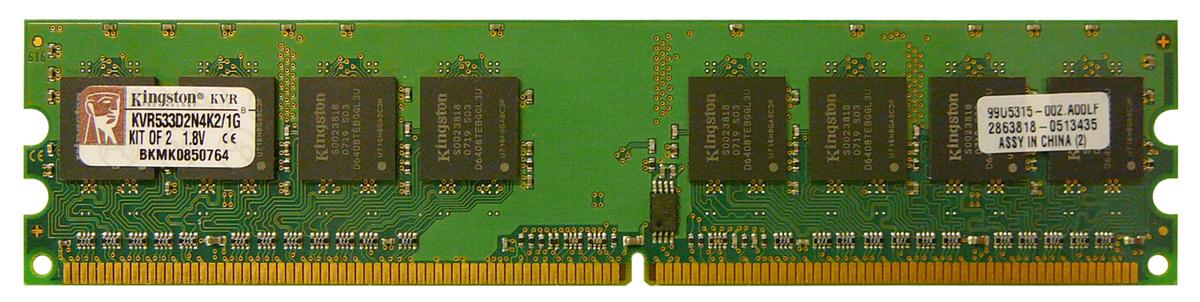 KVR533D2N4K2/1G Kingston 1GB Kit (2 X 512MB) PC2-4200 DDR2-533MHz non-ECC Unbuffered CL4 240-Pin DIMM Memory