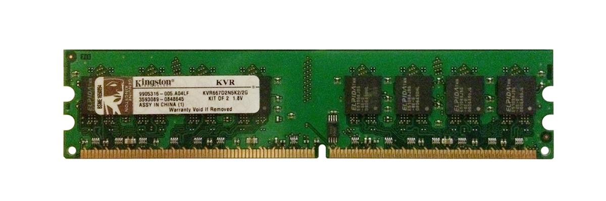 KVR667D2N5K2/2G Kingston 2GB Kit (2 X 1GB) PC2-5300 DDR2-667MHz non-ECC Unbuffered CL5 240-Pin DIMM Dual Rank Memory