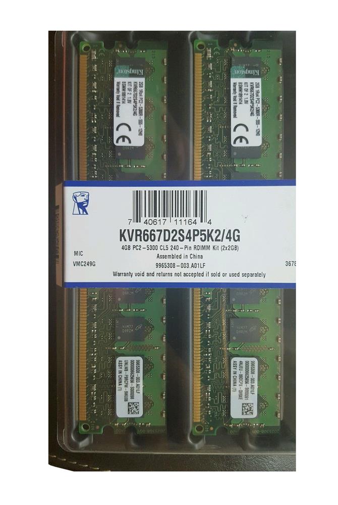 KVR667D2S4P5K2/4G Kingston 4GB Kit (2 X 2GB) PC2-5300 DDR2-667MHz ECC Registered CL5 240-Pin DIMM Single Rank x4 Memory