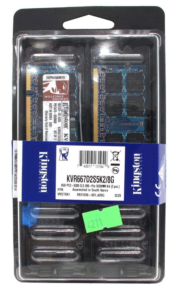KVR667D2S5K2/8G Kingston 8GB Kit (2 X 4GB) PC2-5300 DDR2-667MHz non-ECC Unbuffered CL5 200-Pin SoDimm Memory
