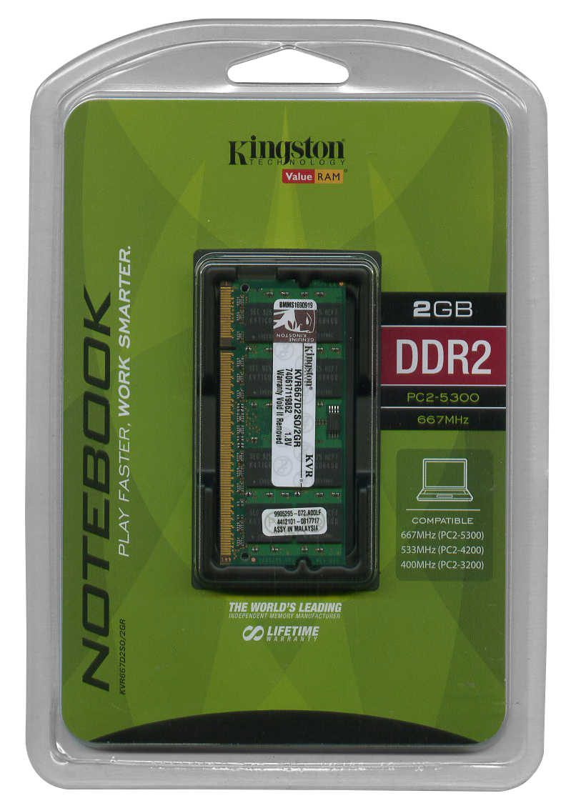 KVR667D2SO/2GR Kingston 2GB PC2-5300 DDR2-667MHz non-ECC Unbuffered CL5 200-Pin SoDimm Memory Module