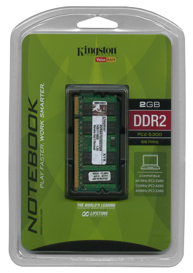 KVR667D2SO/2GR Kingston 2GB PC2-5300 DDR2-667MHz non-ECC Unbuffered CL5 200-Pin SoDimm Memory Module