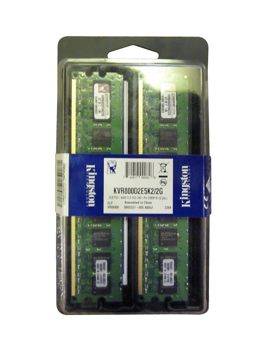 KVR800D2E5K2/2G Kingston 2GB Kit (2 X 1GB) PC2-6400 DDR2-800MHz ECC Unbuffered CL5 240-Pin DIMM Dual Rank Memory