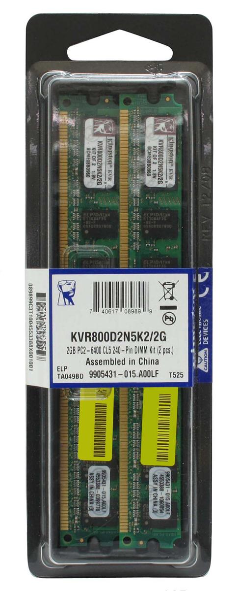 KVR800D2N5K2/2G Kingston 2GB Kit (2 X 1GB) PC2-6400 DDR2-800MHz non-ECC Unbuffered CL5 240-Pin DIMM Dual Rank Memory