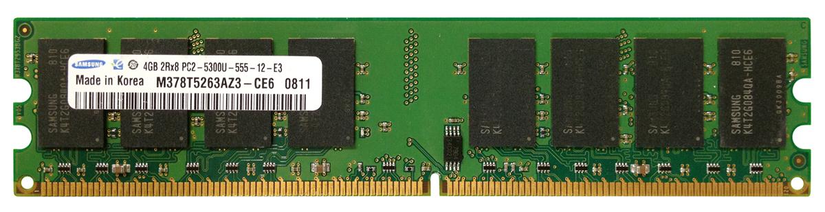 M378T5263AZ3-CE6 Samsung 4GB PC2-5300 DDR2-667MHz non-ECC Unbuffered CL5 240-Pin DIMM Dual Rank Memory Module