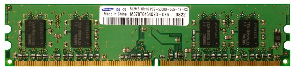 M378T6464QZ3-CE6 Samsung 512MB PC2-5300 DDR2-667MHz non-ECC Unbuffered CL5 240-Pin DIMM Single Rank Memory Module
