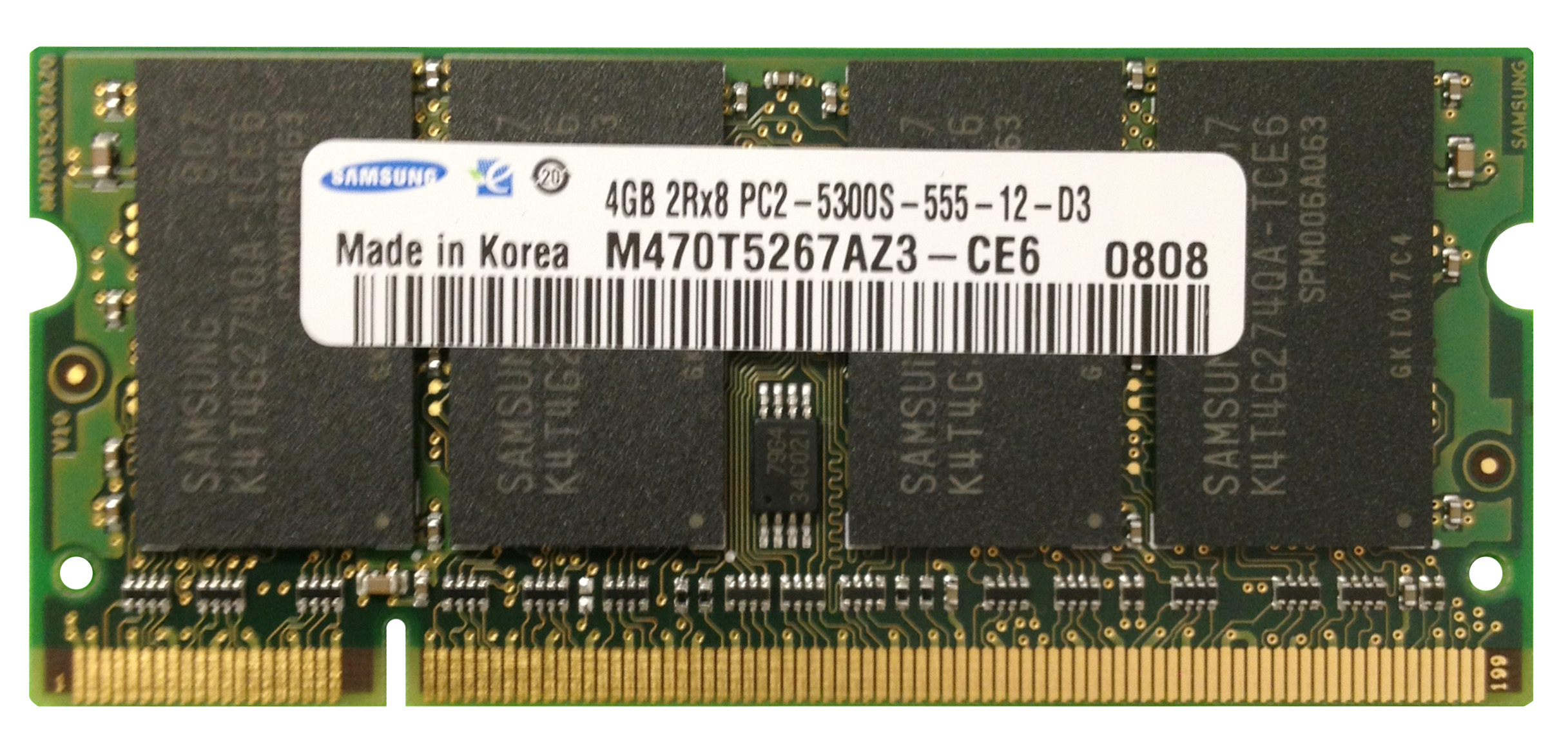 M470T5267AZ3-CE6 Samsung 4GB PC2-5300 DDR2-667MHz non-ECC Unbuffered CL5 200-Pin SoDimm Dual Rank Memory Module